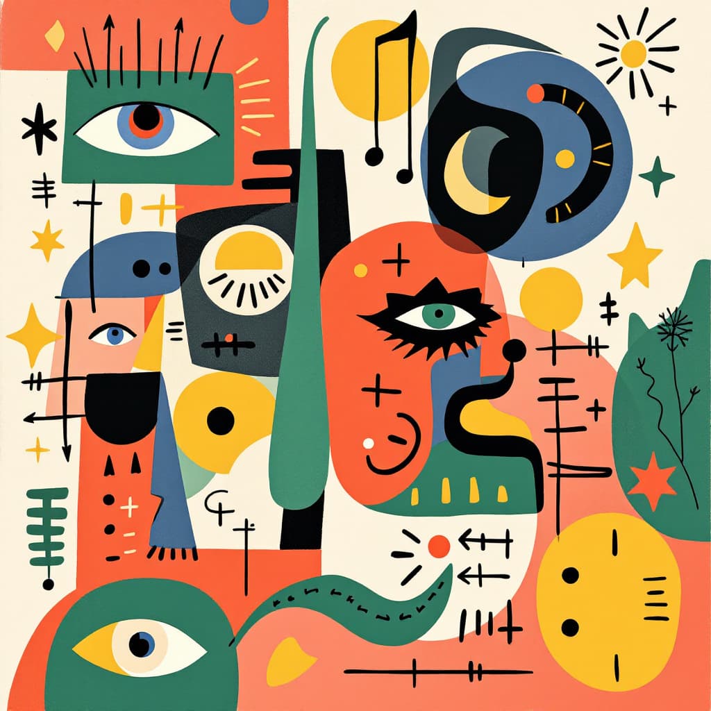 AI generated: A colorful poster with various shapes and patterns, including eyes, musical notes, arrows, squares, ...