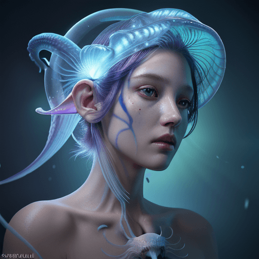 AI generated: Goddess close-up portrait ribcagel. jellyfish phoenix head, nautilus, orchid, skull, betta fish, bio...