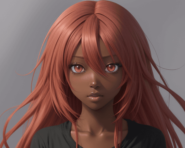 AI generated: Anime, no appearance of hands, dark skin tone, pink eyes, red hair