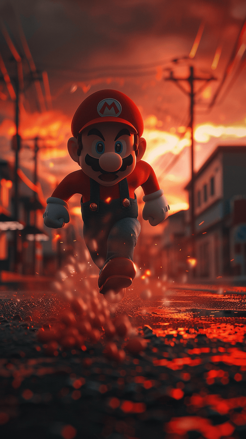 AI generated: Super-Mario running, Mushroom Kingdom background, 32k, closeup, trending on polycount 3D, game, cine...