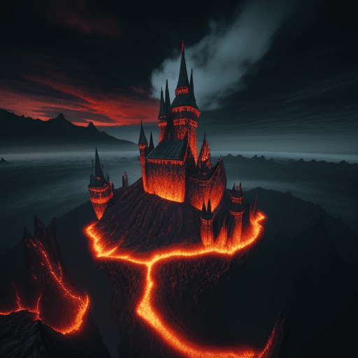 AI generated: Photo of a ultra realistic vampire castle in the sky on a cloud island with lava rivers flowing over...
