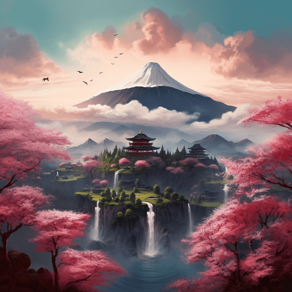 AI generated: beautiful | cinematic lighting | island  | huge japanese temple | waterfalls | mount Fuji in the bac...