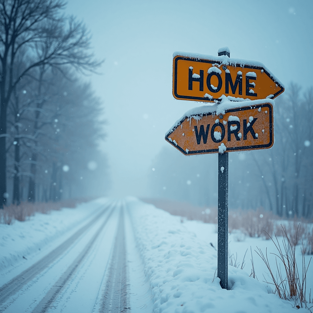 AI generated: early very cold frosty morning fierce snowstorm and the wind keeps moving and rushing, at the crossr...
