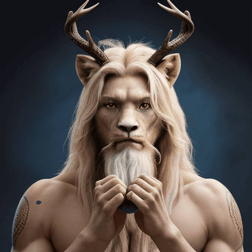 AI generated: He is NOT a human, he is dragon like. His head is horse-like. He has a deer antler on the right, a b...