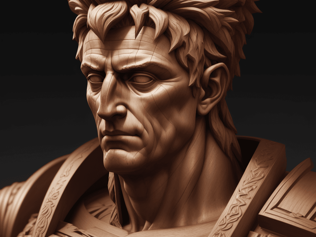 AI generated: a portrait of Caesar, wooden sculture::5,HD,16K, octane render, 8k