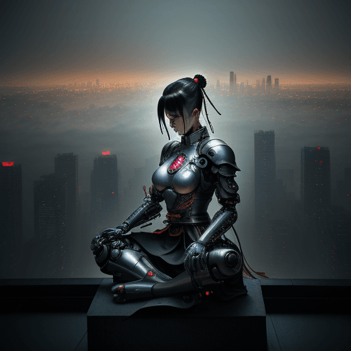 AI generated: Cinematic, photo of a cyborg samurai woman, meditating in a future Tokyo cityscape, 2080s Tokyo, fog...