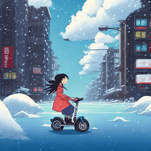 AI generated: The little girl riding an electric scooter/bike, in a beautiful anime scene by Hayao Miyazaki: a sno...