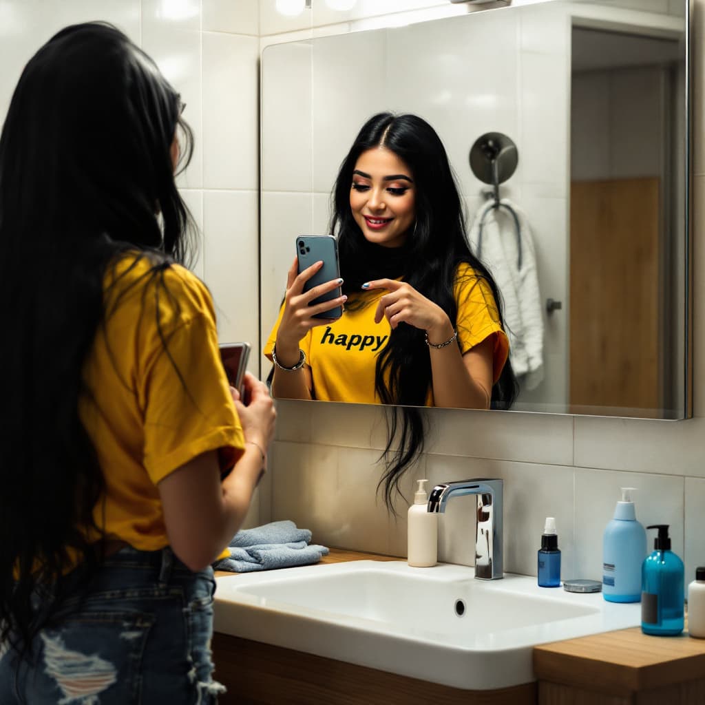 AI generated: A young muslim women with long black hair and wearing hijab is taking a selfie in her bathroom. She ...