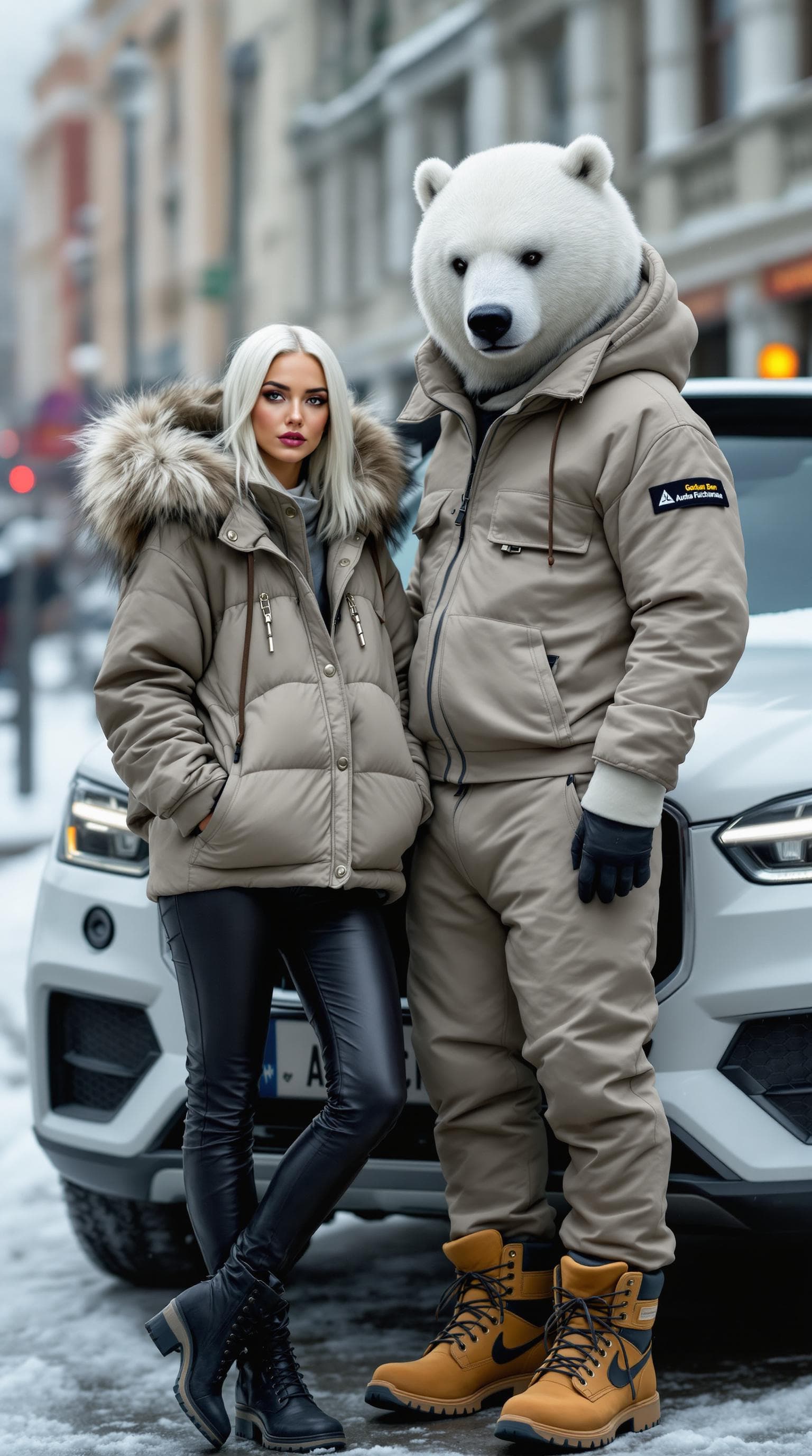 AI generated: A striking woman with platinum blonde hair, dressed in a Ulyana Sergeenko hoodie with fur accents, p...