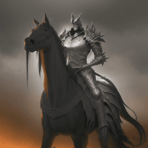 AI generated: (skull), (horseman of the apocalypse Hunger), armor, weapon, helmet with a horse tail, in style of f...