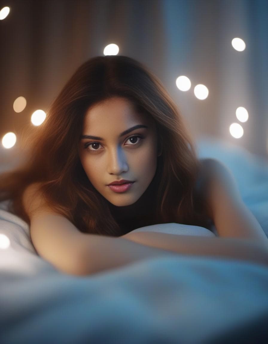 AI generated: a woman with long hair laying in bed, in the style of yigal ozeri, anamorphic lens flare, bella kota...