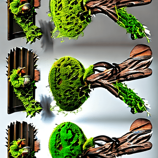 AI generated: (Wooden boards overgrown with moss entwined along the edge of intricate and various leaves and twigs...