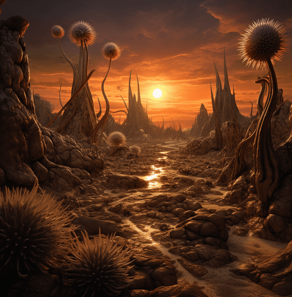 AI generated: an image of desert planets, in the style of lovecraftian, hudson river school, spiky mounds, golden ...
