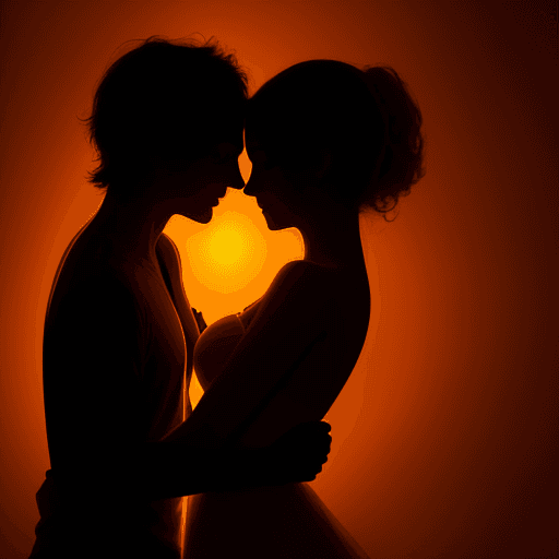 AI generated: Two lovers intertwined in a passionate embrace, their silhouettes illuminated by a warm, orange glow...
