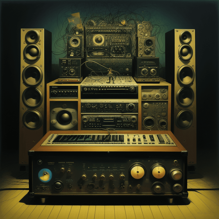 AI generated: music Album cover picture, jazz, surreal art, oil picture, radio, speaker, synthesizerm, amplifier, ...