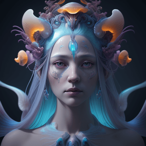 AI generated: Goddess close-up portrait ribcagel. jellyfish phoenix head, nautilus, orchid, skull, betta fish, bio...