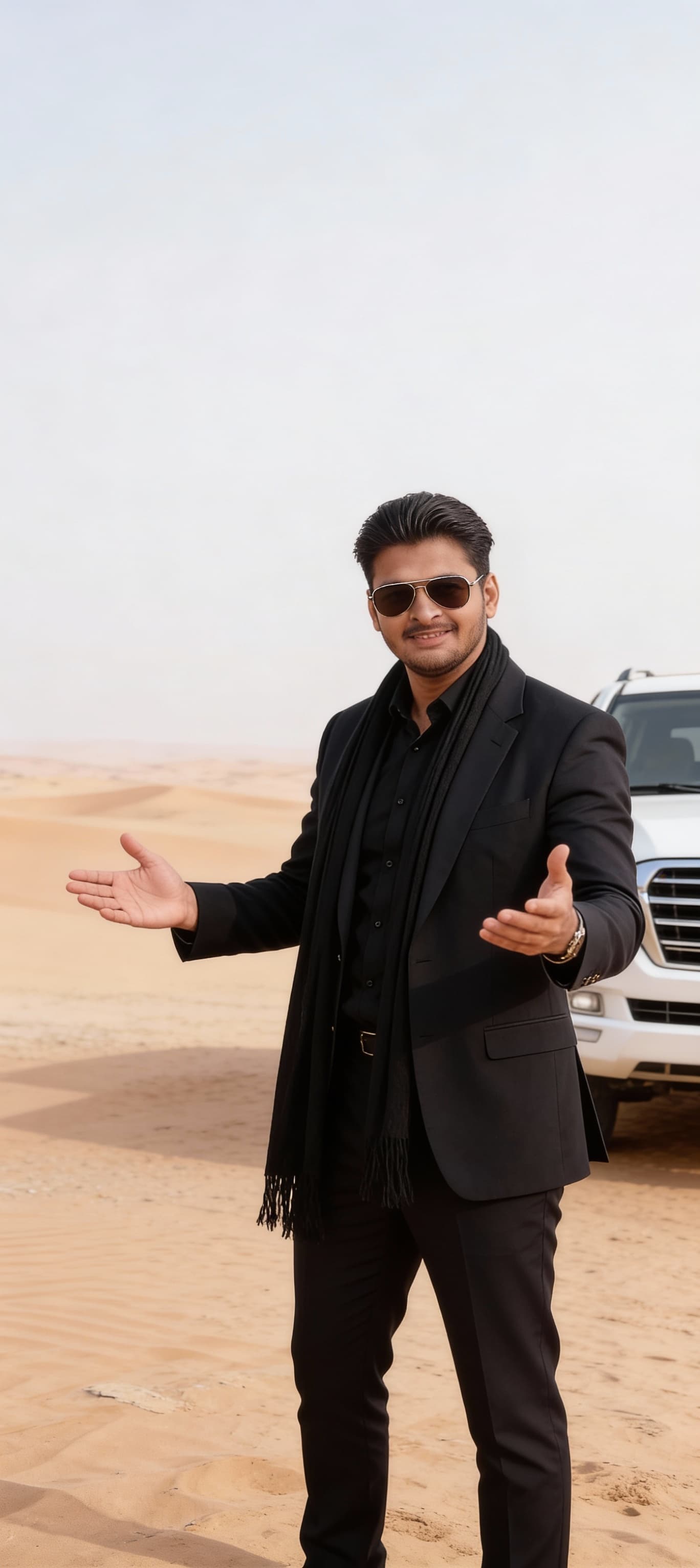 AI generated: A stylish middle-aged man standing in a vast desert landscape, wearing an all-black outfit — tailore...