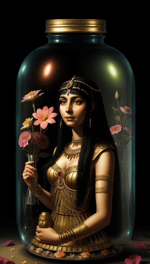 AI generated: a portrait of cleopatra with flowers in a jar, in the style of detailed dreamscapes, storybook illus...