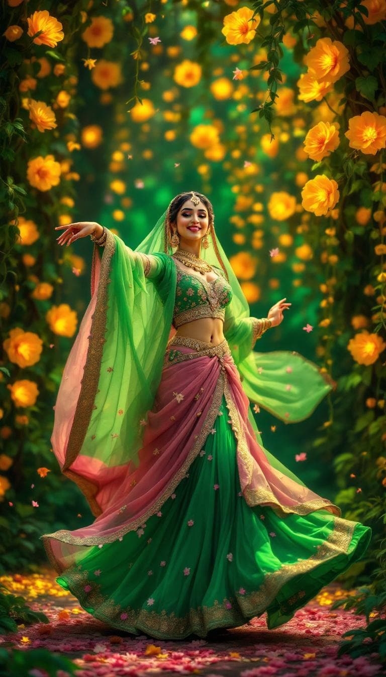 AI generated: Create a vivid and engaging image of a dancing girl dressed in a pinkish-green lehenga. The girl sho...