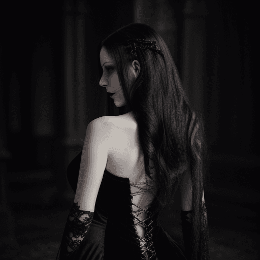 AI generated: A stunningly beautiful female vampire stands in a dark, gothic setting. Her pale skin contrasts shar...