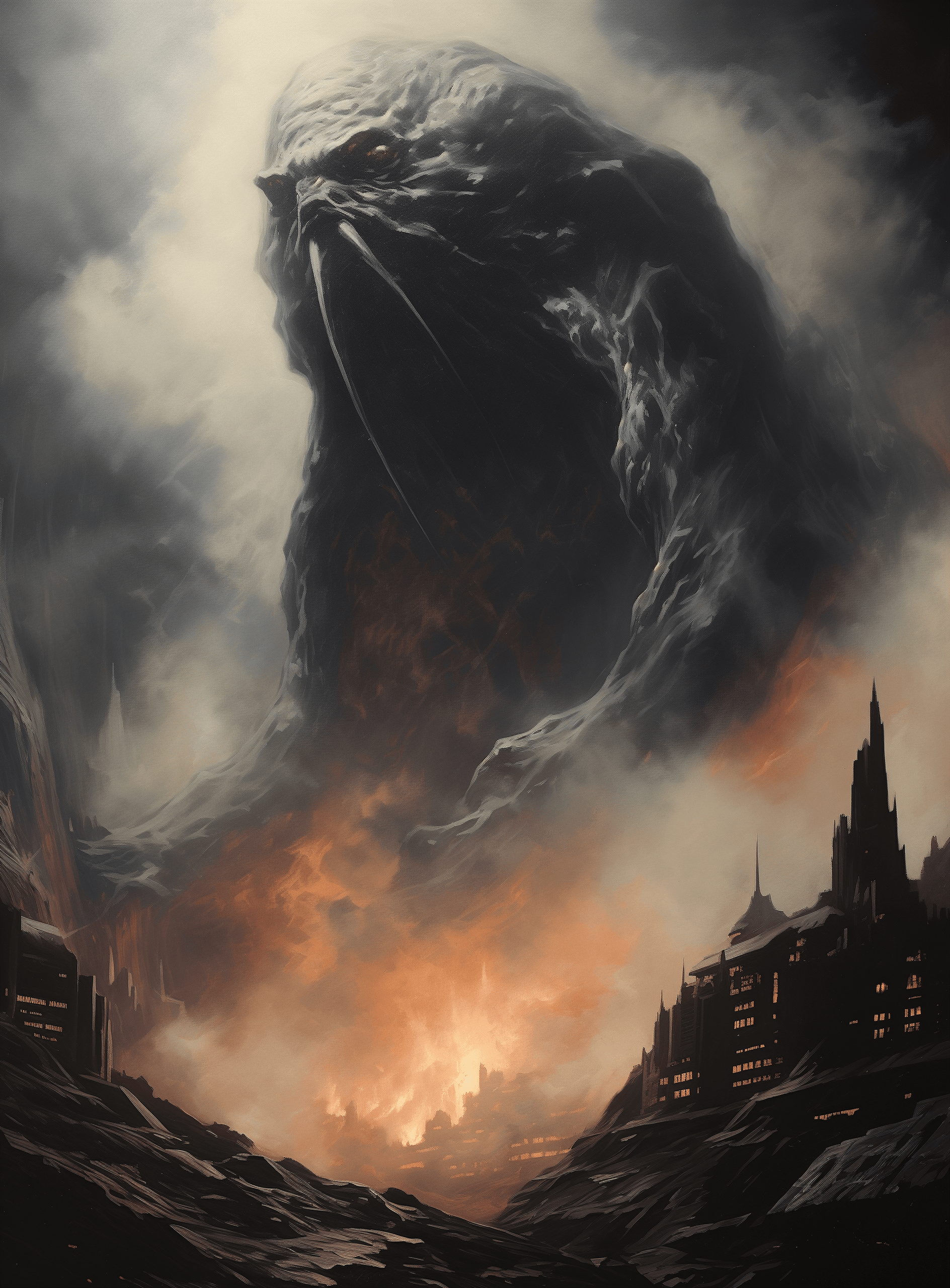 AI generated: Close up of an enormous black monster alien attacking the silhouette of an ancient fantasy city unde...