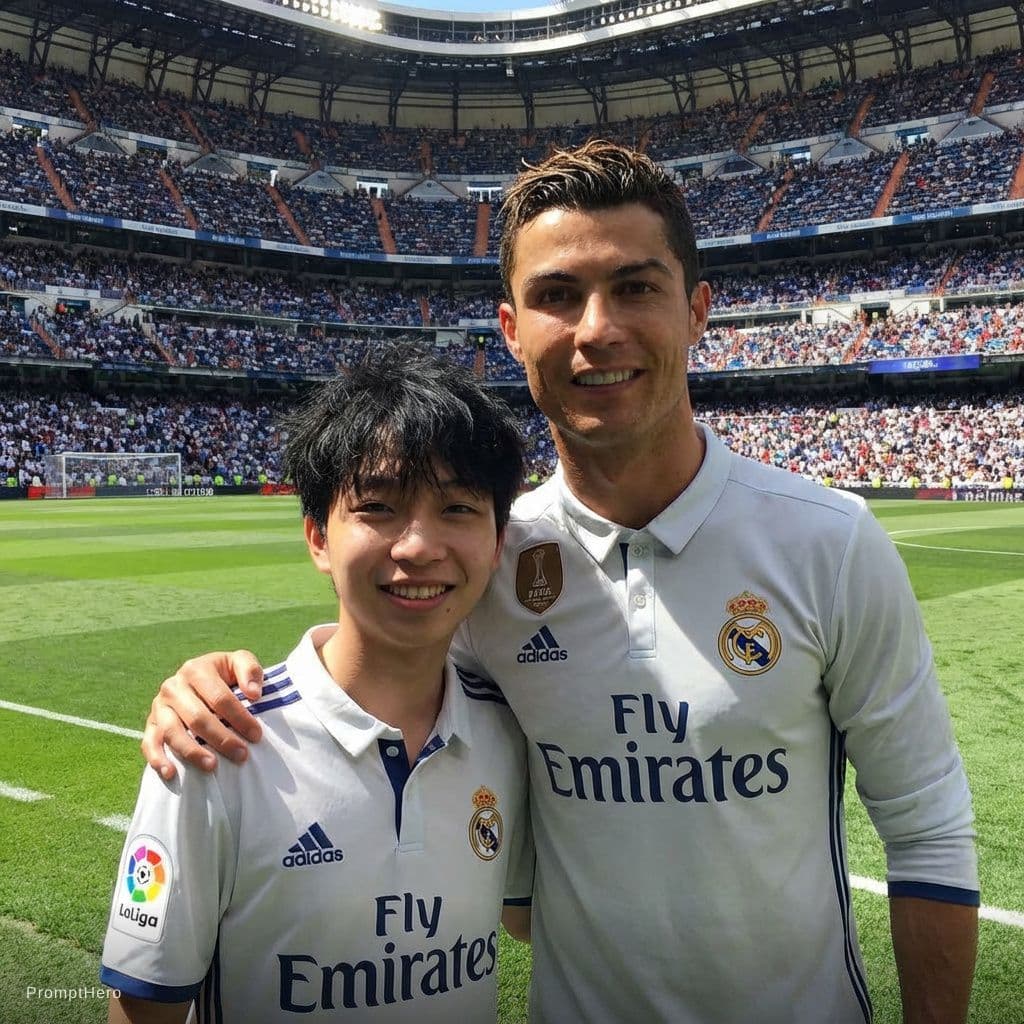 AI generated: Este chico y cristiano ronaldo en el bernabeu. Change that guy into a girl 
