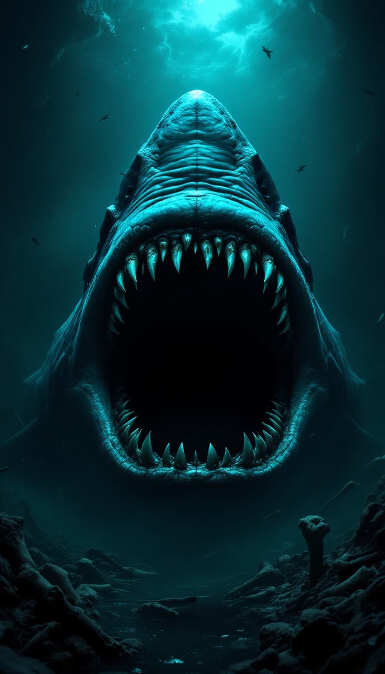 AI generated: A massive Megalodon shark emerging from the dark depths of the ancient ocean, its enormous jaw wide ...