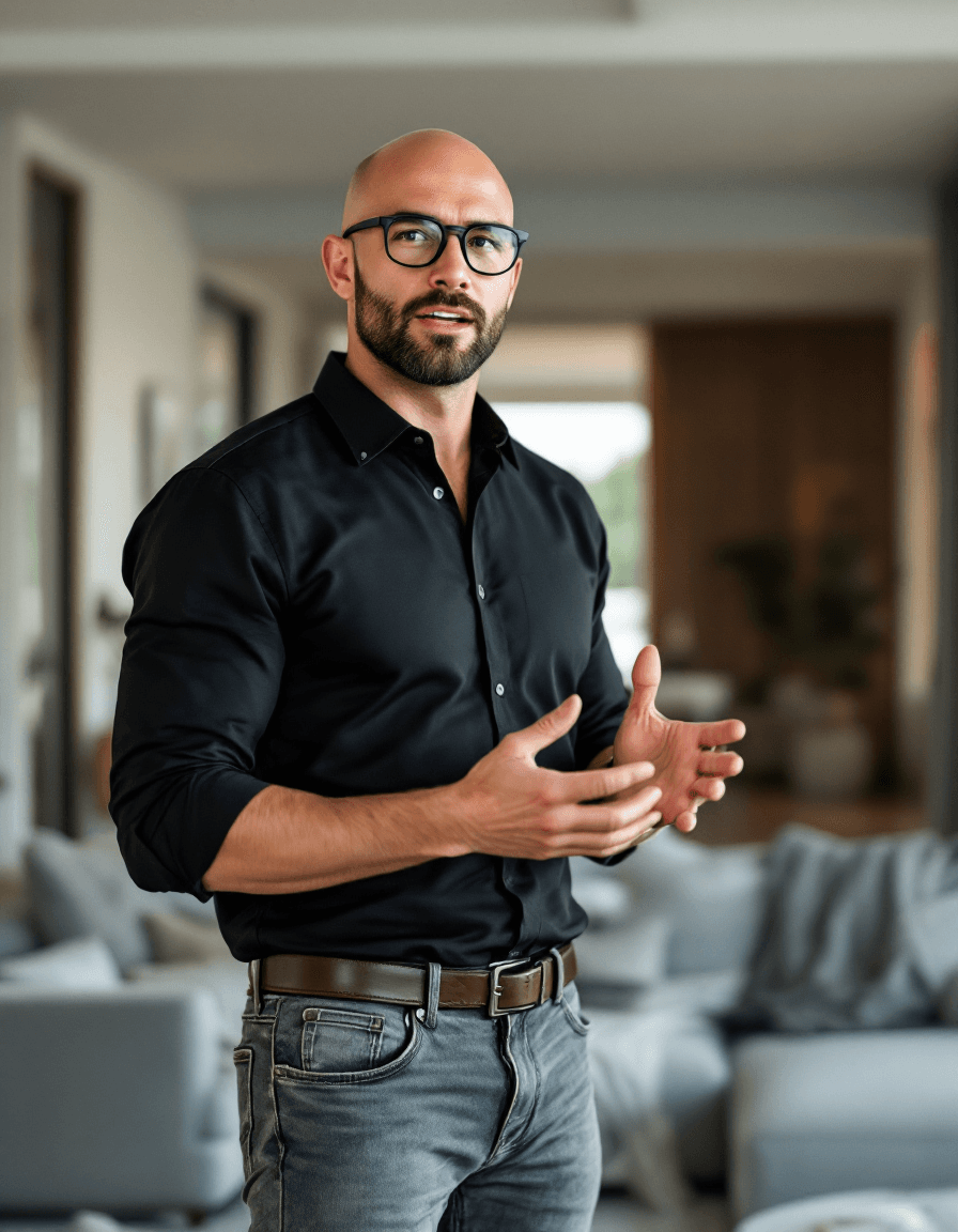 AI generated: Hyper-Realistic upper body photo, handsome Caucasian bald man, clean face, clean shaved face, rounde...