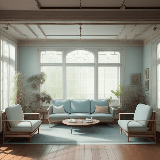 AI generated: High resolution photography interior design, dreamy sunken living room conversation pit, wooden floo...