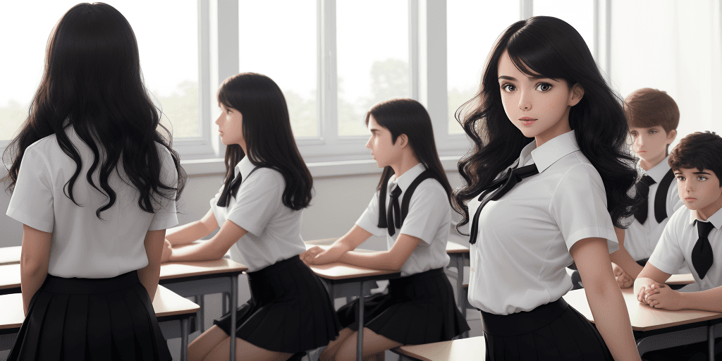 AI generated: A panoramic view of a cyber and future style classroom, gorgeous teacher with class of young boys, w...