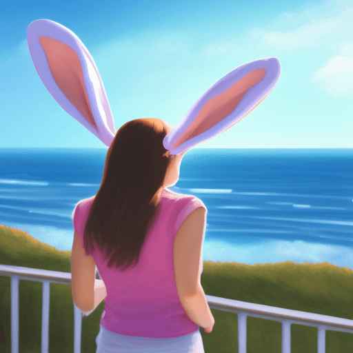 AI generated: Female, overlooking the ocean, daylight, indirect lighting, bunny ears