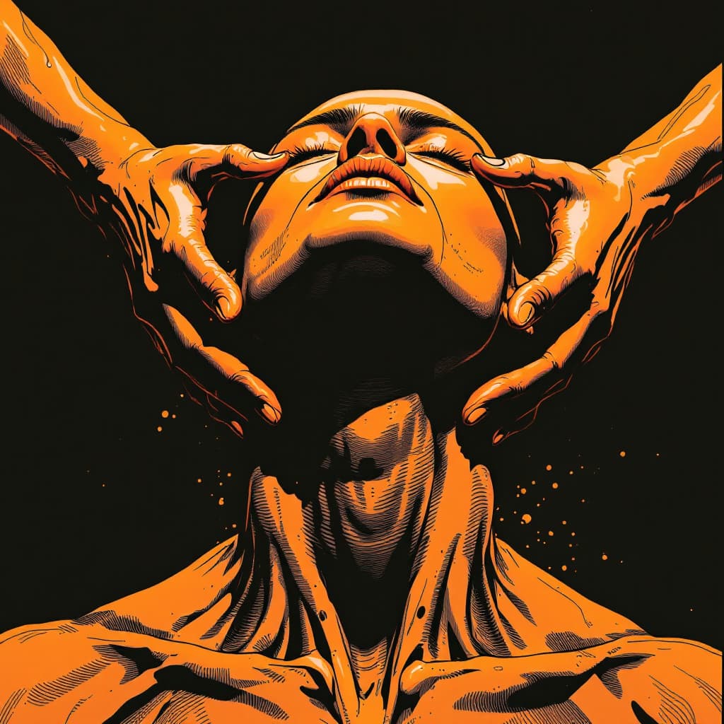 AI generated: hands on neck manga style non violent in abricot colour