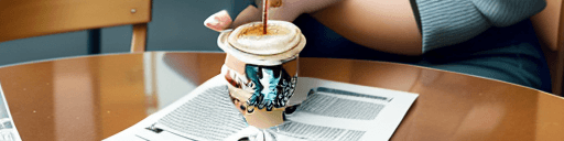 AI generated: person sitting at table drinking starbucks coffee and reading a newspaper
