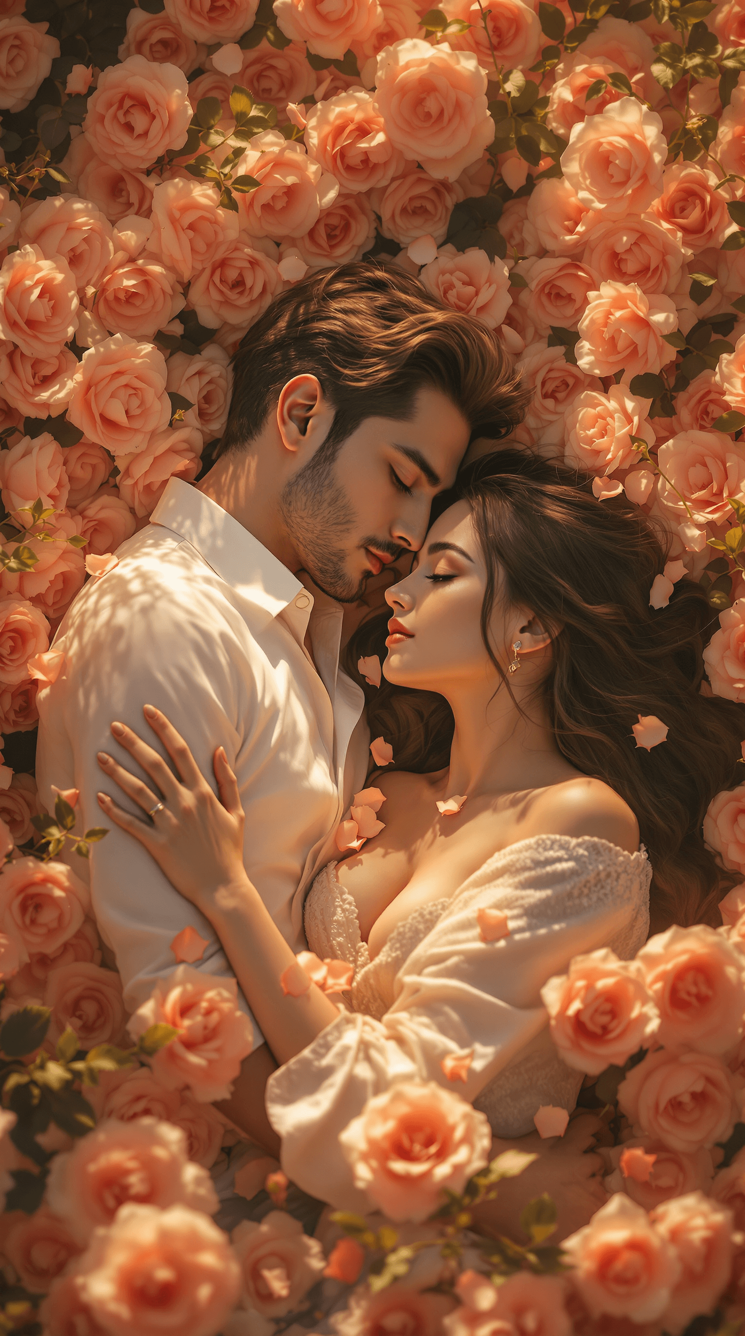 AI generated: A breathtakingly romantic scene of a **man and woman lying together** in a bed of **lush, velvety ro...