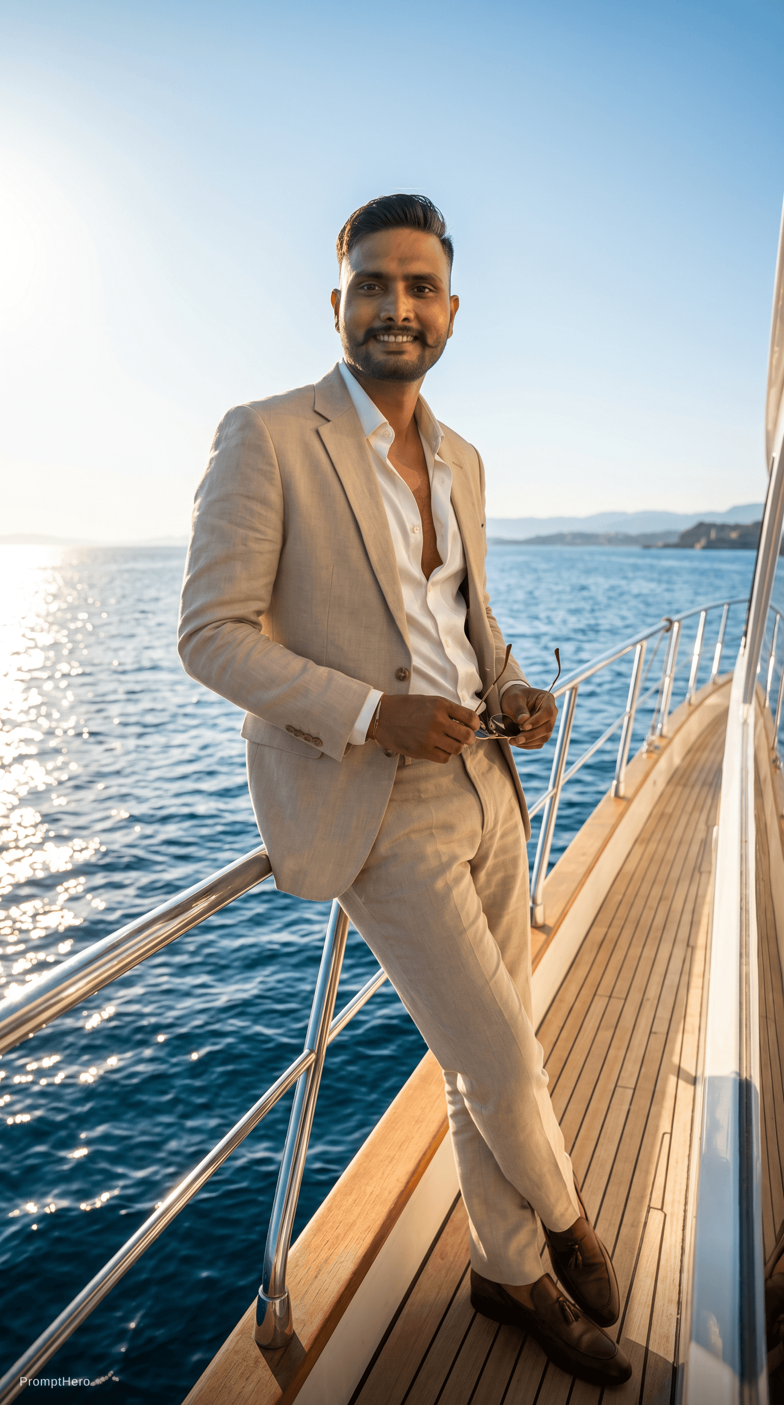 AI generated: Create a high-end fashion image of a male model wearing a tailored summer suit with an open shirt. P...