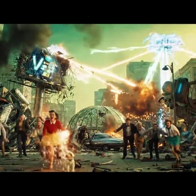 AI generated video: Here’s a detailed cinematic image description in the style of *Mars Attacks!* with your elements:

-...