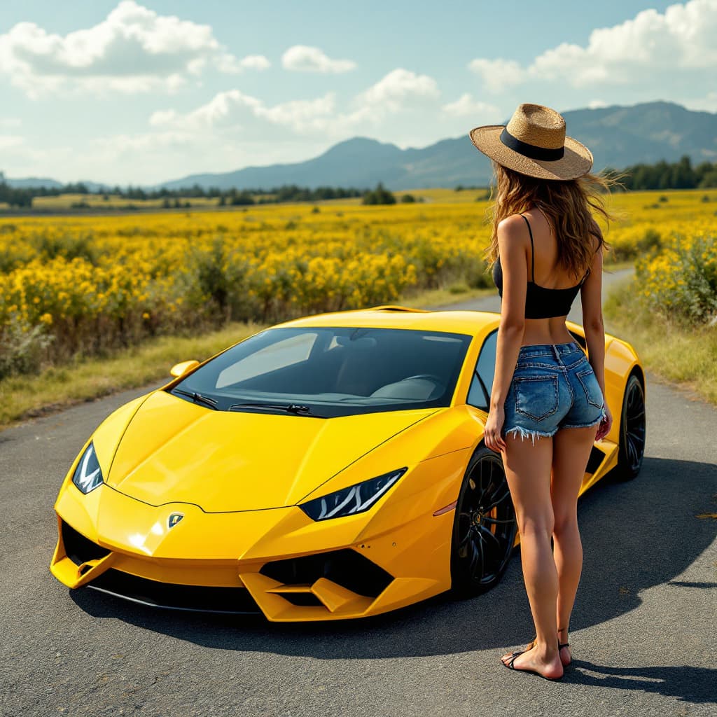 AI generated: Create an image of a Lamborghini yellow with a girl in shorts and top around