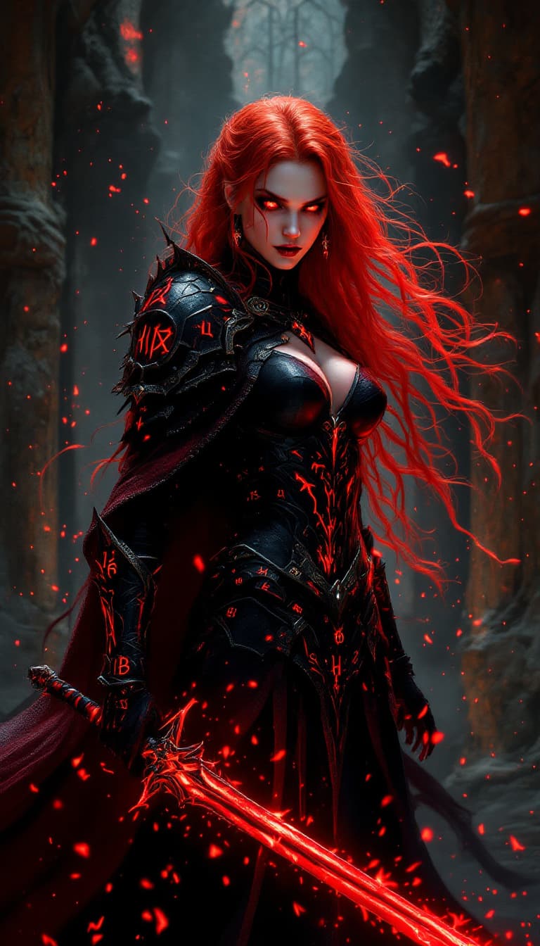 AI generated: A crimson-haired sorceress stands before me, her fiery locks and blazing eyes piercing through the d...