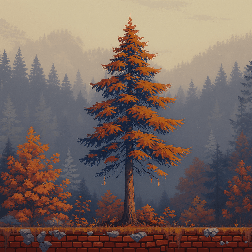 AI generated: /imagine prompt:A pixel art of a tall needle tree with dark orange leaves, straight trunk with subtl...