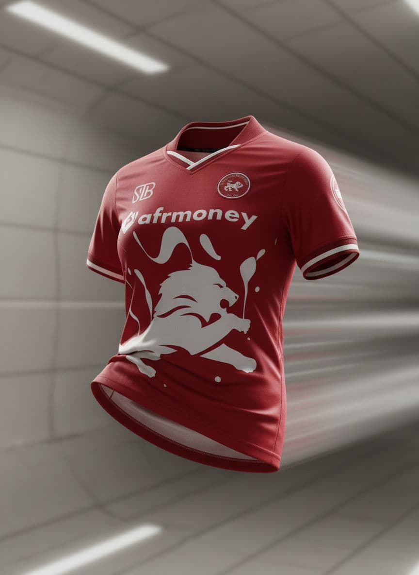 AI generated: A female anatomy realistic 3D mock-up of a red soccer jersey in a wind-tunnel pose, appearing as if ...