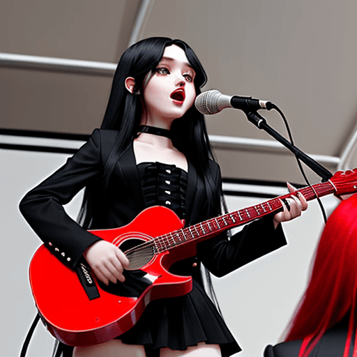 AI generated: the first girl, with black long hair sings, the second girl, with red hair, plays guitar, they are d...