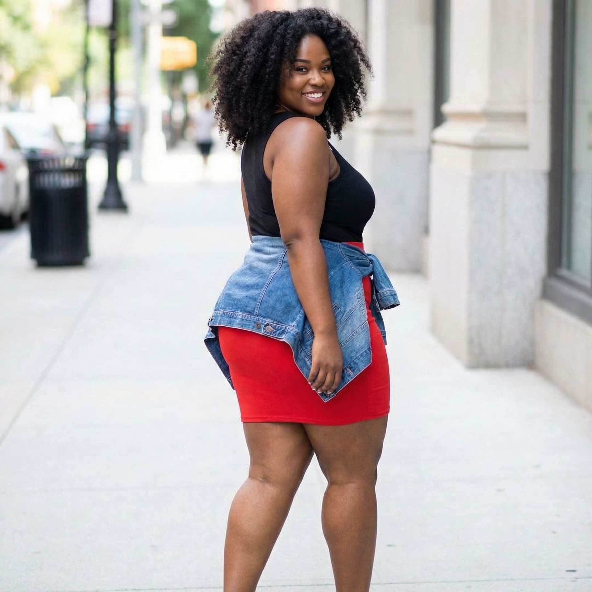 AI generated: one black woman with mini red skirt with huge bosom and nice glutes