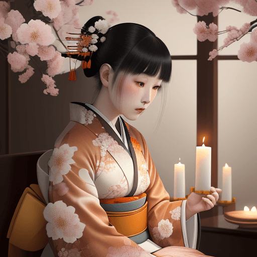 AI generated: a woman wearing kimono is sitting near two candles, in the style of ethereal portraits, chinapunk, e...