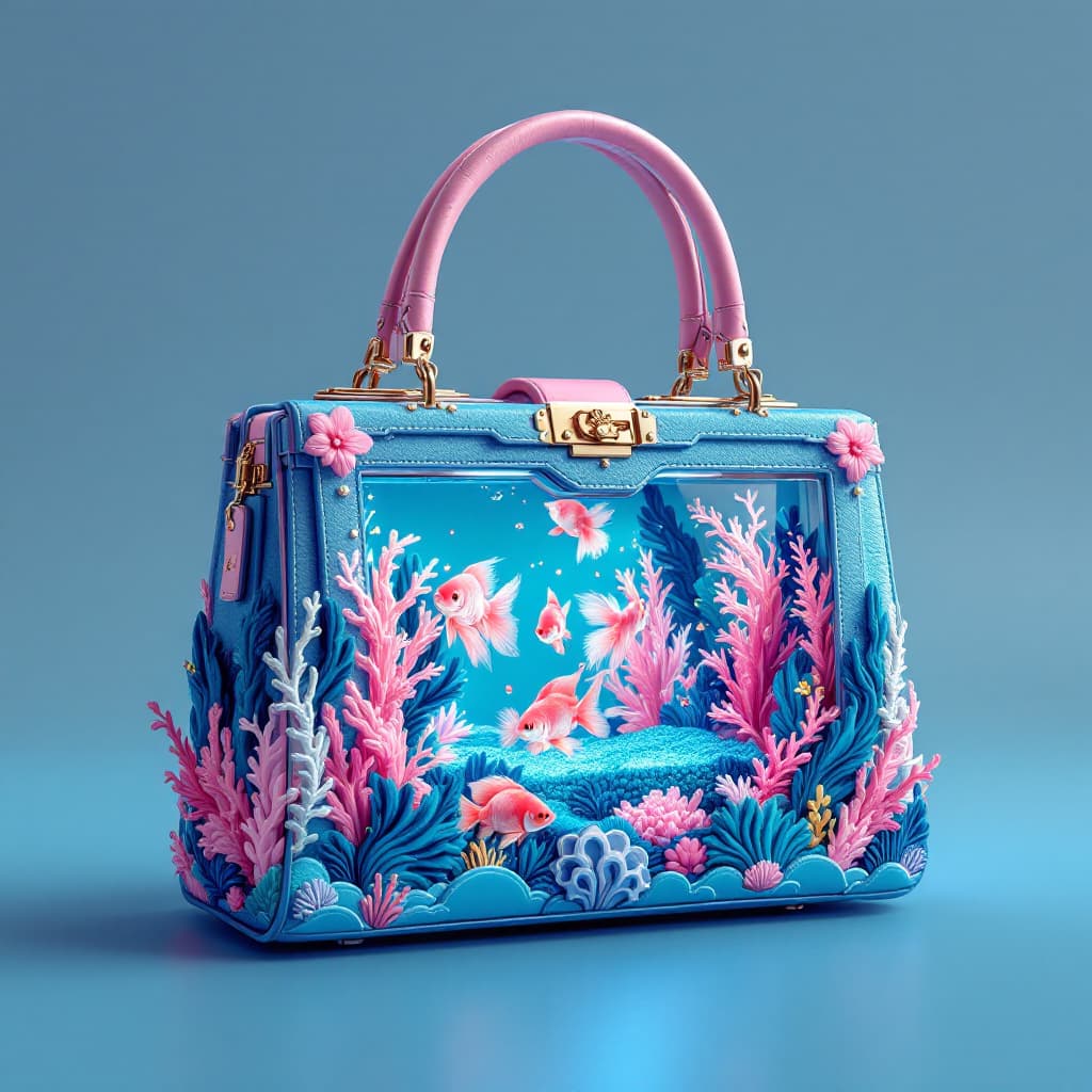 AI generated: A photorealistic designer handbag entirely in shades of pink blue, featuring a unique and imaginativ...