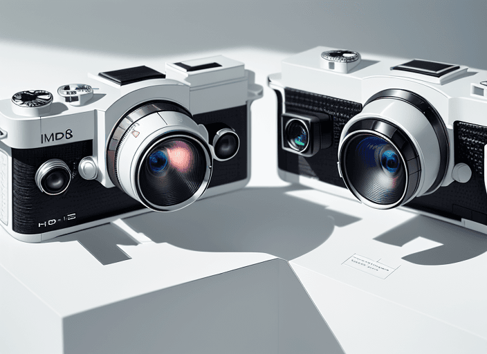 AI generated: Two slim cameras, on a glossy white surface, birds eye view, hyper realistic, highly detailed, 8K, i...