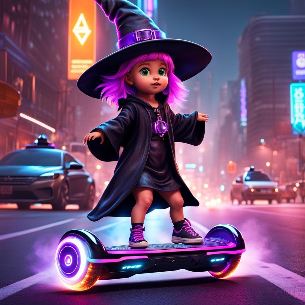 AI generated: a cute  witch hairdo and wearing a witch robe with a witch hat toddler riding a futuristic hoverboar...