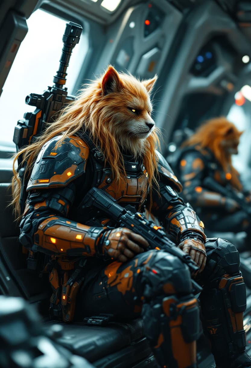 AI generated: A 50yo focused humanoid with feline features and hair like a long golden mane futuristic NCO space m...
