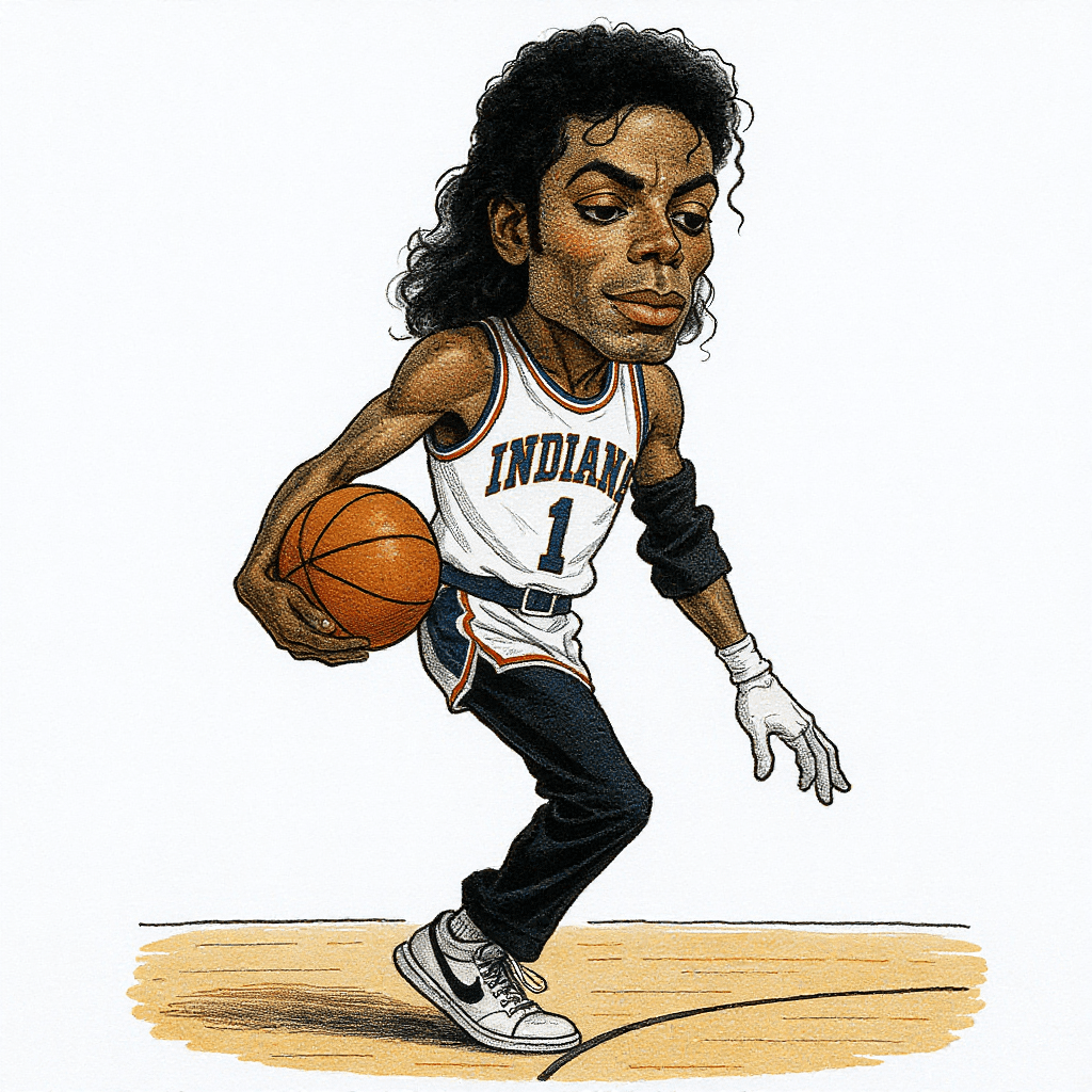 AI generated: Create a color caricature style drawing of Michael Jackson moonwalking across the court in a Indiana...