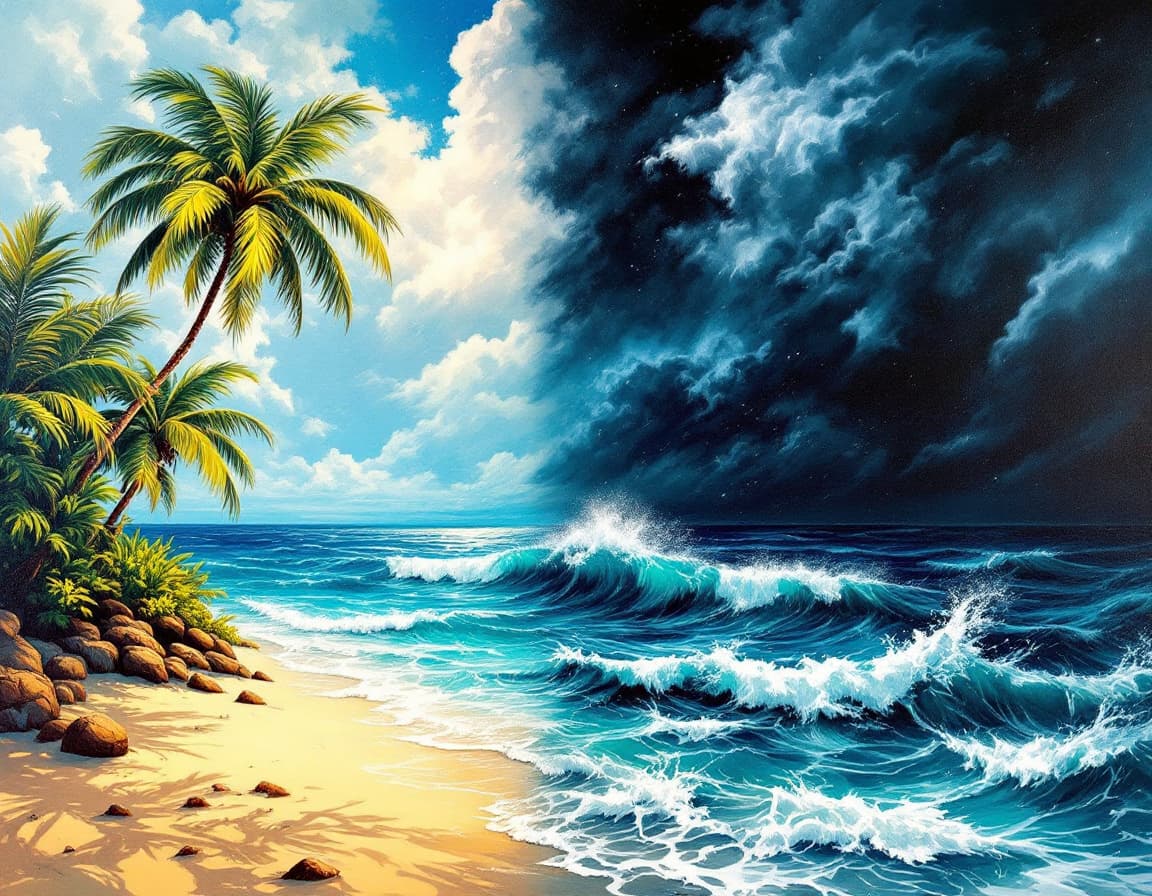 AI generated: A surrealist painting with a seamless blend of two contrasting weather scenes. One side depicts a vi...