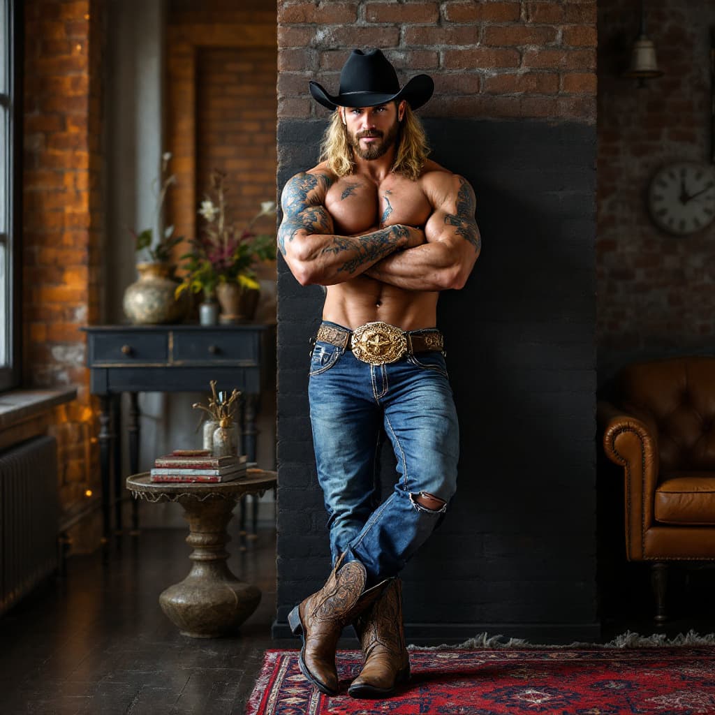 AI generated: Full face on view of whole body, Cowboy looking viewer from across the room leaning on brick wall, o...